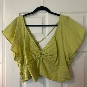 Anthropologie Green Cap Sleeve Crop Tie Front Blouse